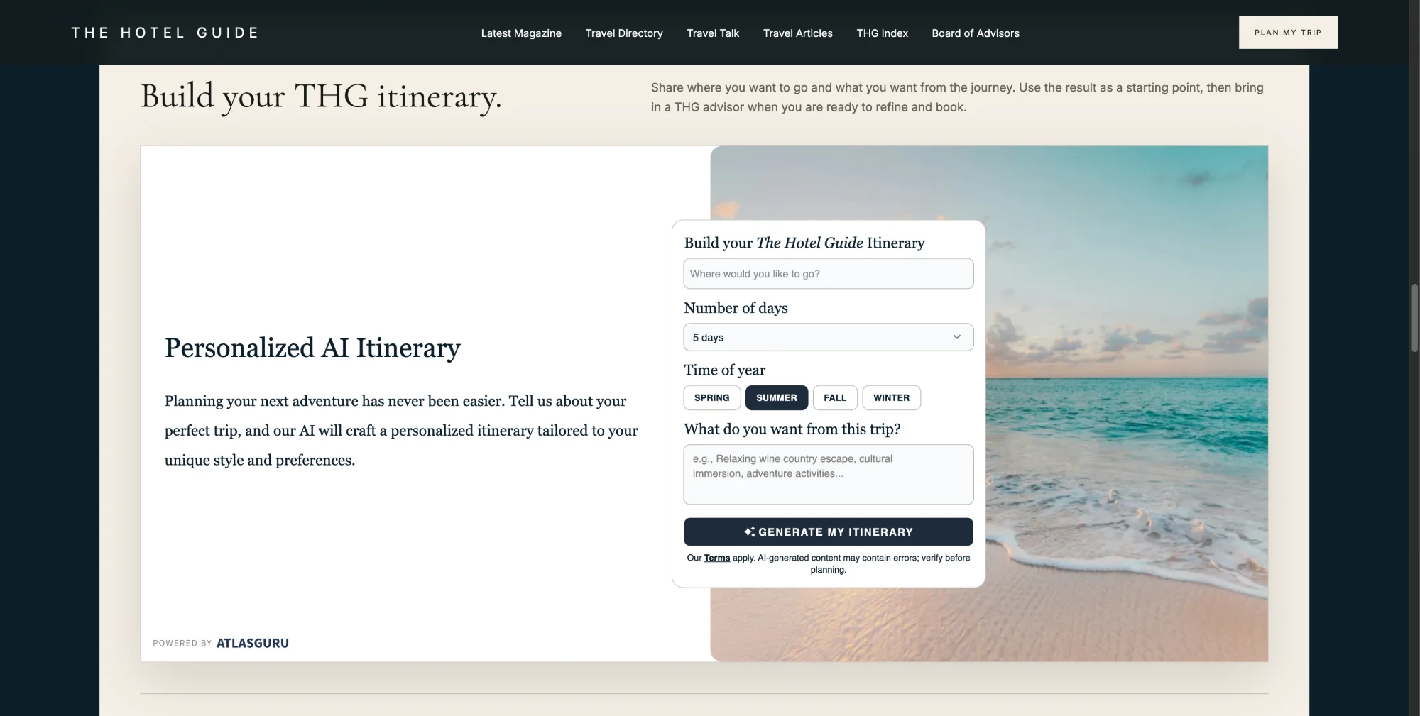 AtlasGuru personalized itinerary builder embedded on The Hotel Guide website
